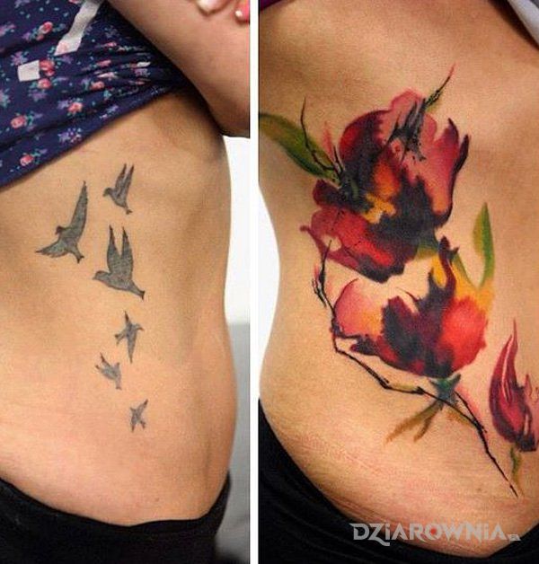 Tatuaż akwarelowe kwiaty w motywie cover up i stylu watercolor na żebrach