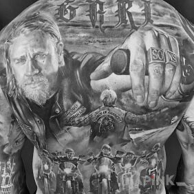 Tattoo Sons of Anarchy on the back motif: characters style: realistic