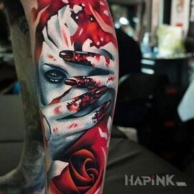 Tattoo Blood and Roses on the calf motif: demons style: graphic / illustrative