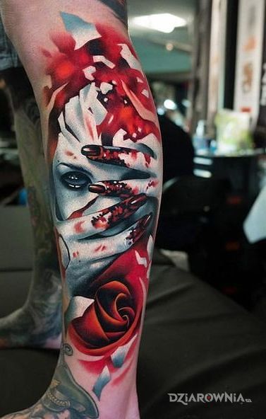 Tatuaż krew i roza w motywie kolorowe i stylu graficzne / ilustracyjne na łydce