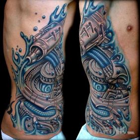 Tattoo Blue pump on the ribs motif: colorful style: biomechanics