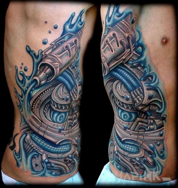 Tattoo Niebieska pompa in colorful motif and biomechanics style on the ribs