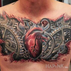 Tattoo Motor of the heart on the chest motif: colorful style: realistic