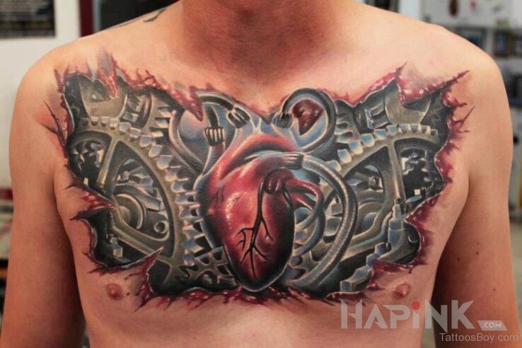 Tattoo Motor serca in anatomical motif and realistic style on the chest