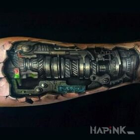Tattoo Mechanism on the forearm motif: 3D style: biomechanics