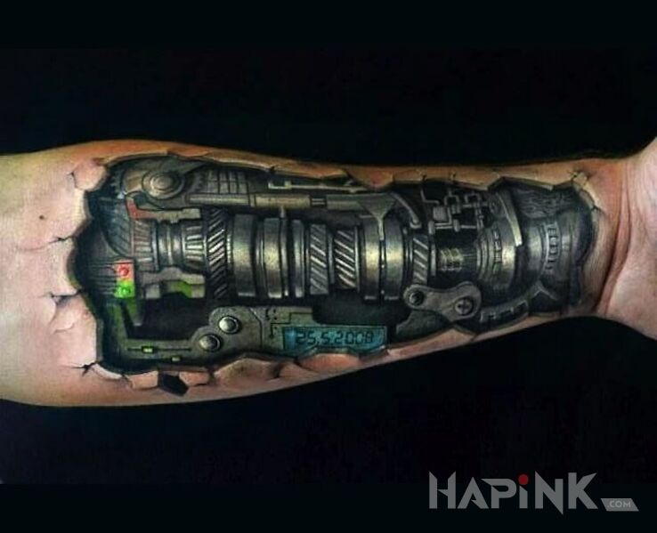 Tattoo Mechanizm in 3D motif and biomechanics style on the forearm