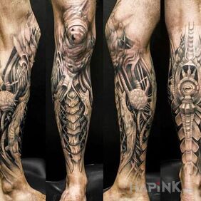 Tattoo Wired leg on the tibia motif: 3D style: organic