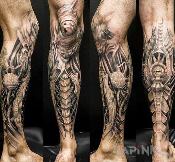 Tattoo Okablowana noga in black and gray motif and organic style on the leg
