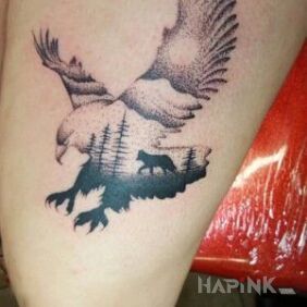 Tattoo The eagle and the forest on the leg motif: black and gray style: graphic / illustrative