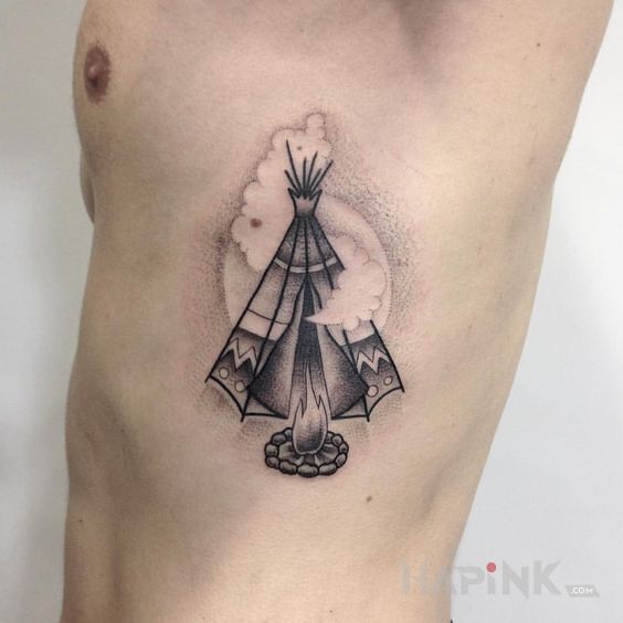 Tattoo Tipi in black and gray motif and dotwork style on the ribs