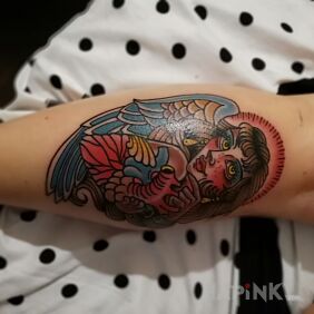 Tattoo Angel on the calf motif: angels style: oldschool