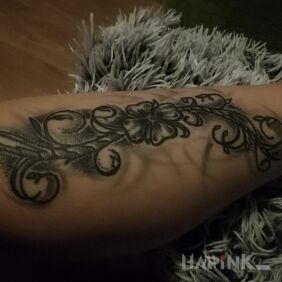 Tattoo Konieczyna on the calf motif: black and gray style: graphic / illustrative