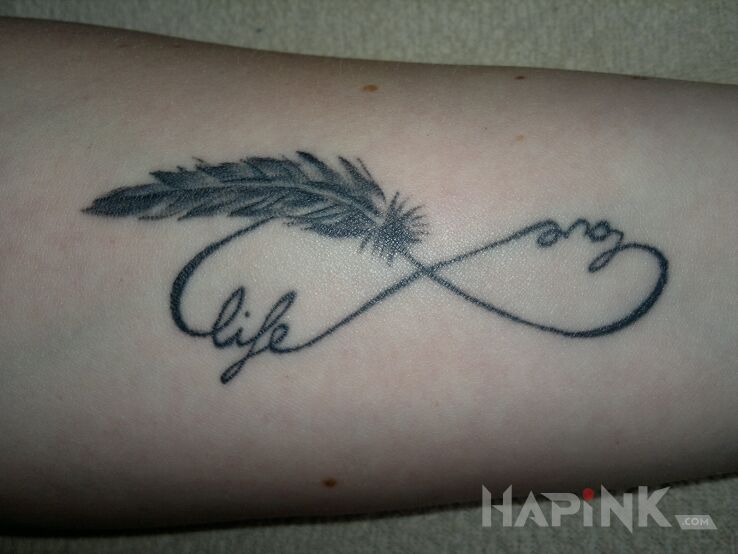 Tattoo Życie i Miłość in black and gray motif and graphic / illustrative style on the forearm
