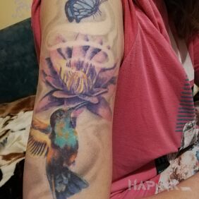 Tattoo Hummingbird on the forearm motif: colorful