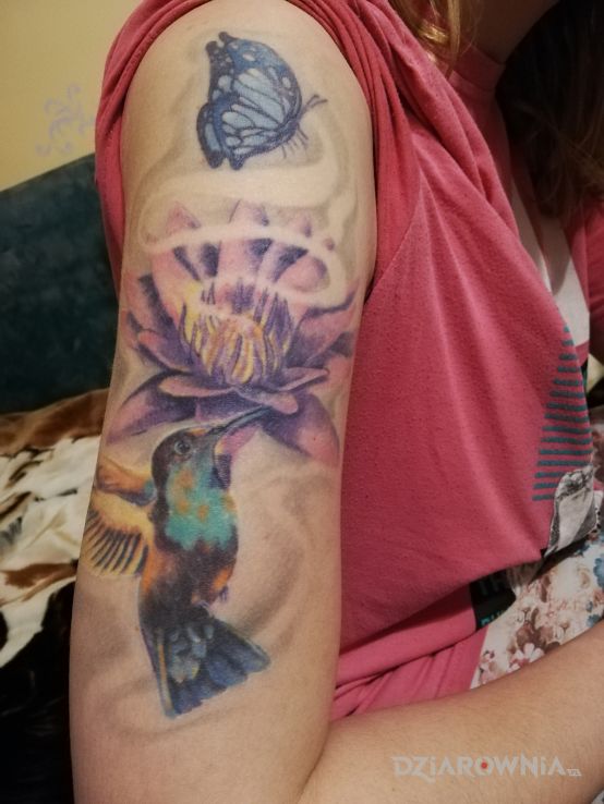 Tatuaż koliberek w motywie kolorowe na przedramieniu