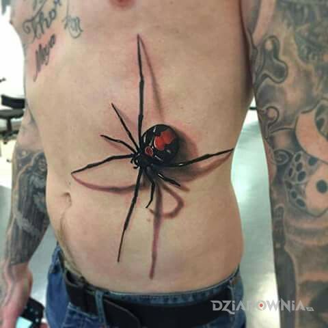 Tatuaż pająk 3d w motywie czarno-szare i stylu realistyczne na żebrach