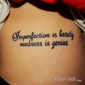 Tattoo Imperfection and madness on the ribs motif: lettering style: calligraphy