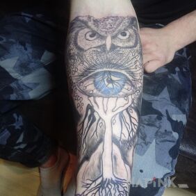 Tattoo Owl with an eye on the forearm motif: animals style: graphic / illustrative