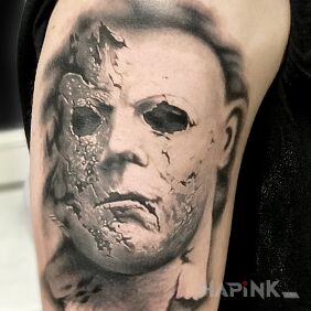 Tattoo Michael Myers on the upper arm motif: 3D style: realistic