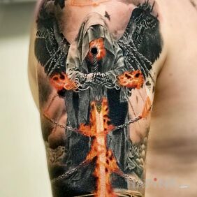 Tattoo Angel of death on the upper arm motif: demons style: realistic