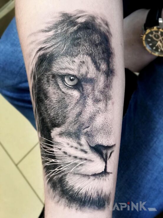 Tattoo Lew in black and gray motif and realistic style on the forearm