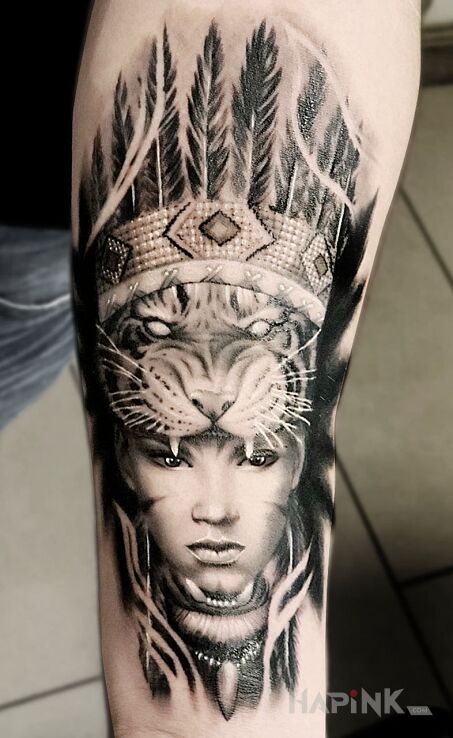 Tattoo Indianka in black and gray motif and realistic style on the forearm