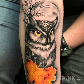 Tattoo Autumn owl on the forearm motif: colorful style: realistic