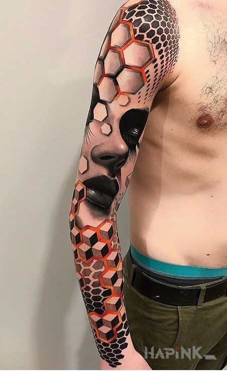 Tattoo Skryta twarz in black and gray motif and realistic style on the upper arm