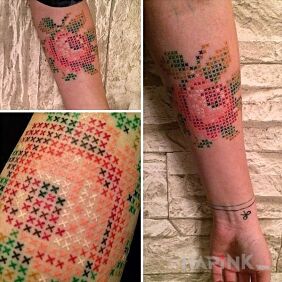 Tattoo Knitted rose on the forearm motif: flowers