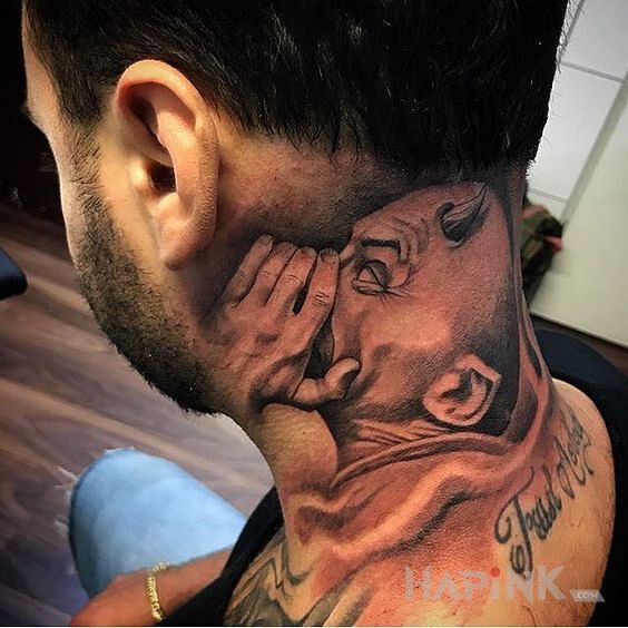 Tattoo Diabelskie podszepty in faces motif and realistic style on the neck
