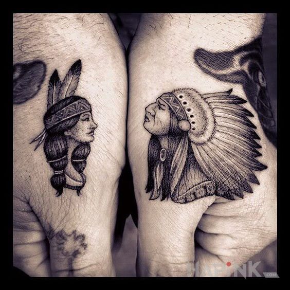 Tattoo Indianie in black and gray motif and graphic / illustrative style on the hand