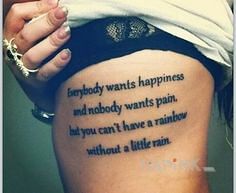 Tattoo Teks o szczęściu in lettering motif and calligraphy style on the ribs