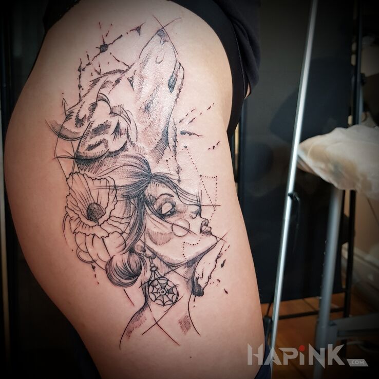 Tattoo Wilk z kobieta in black and gray motif and graphic / illustrative style on the leg