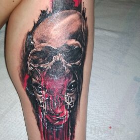 Tattoo Mayhem on the calf motif: colorful style: trash polka