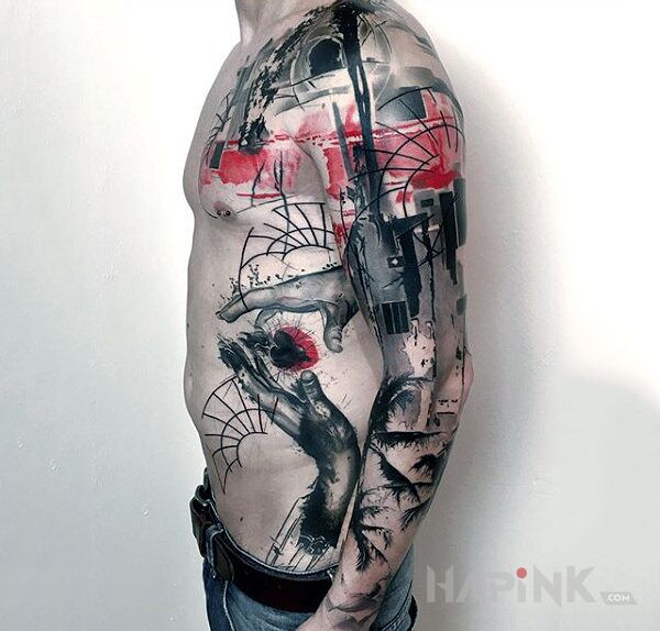 Tattoo Duża Trash Polka in sleeves motif and trash polka style on the chest