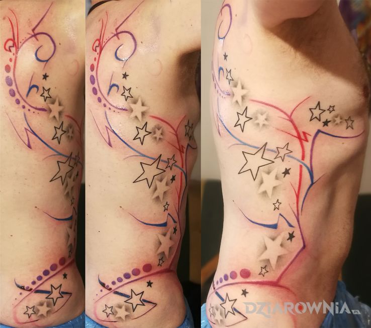Tatuaż gwiazdki i zawijasy w motywie pozostałe i stylu graficzne / ilustracyjne na łopatkach