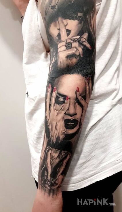 Tattoo Milczenie in black and gray motif and realistic style on the forearm