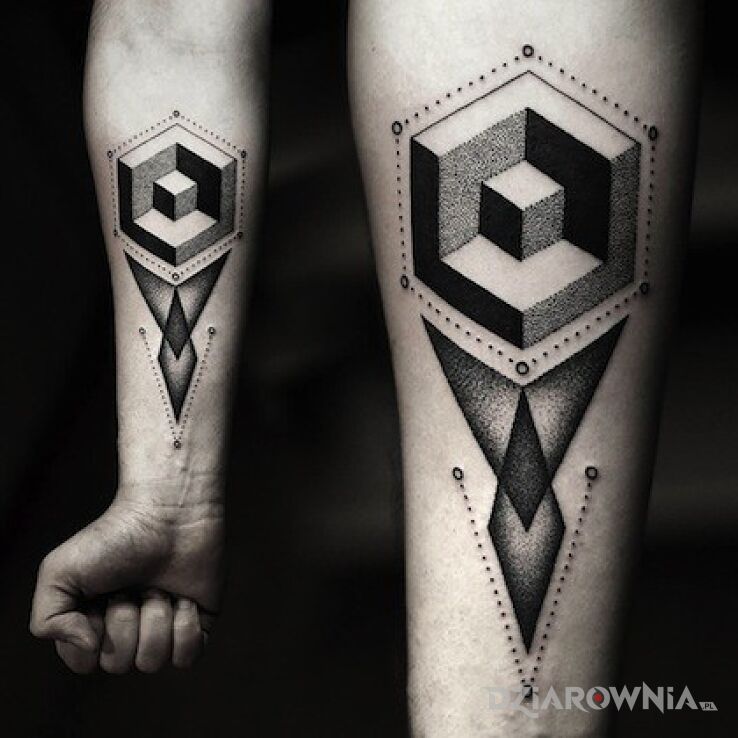 Tatuaż Geometryczne cudeńko w stylu dotwork na przedramieniu