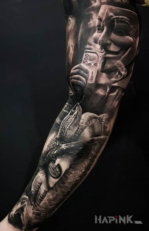 Tattoo V jak Vendetta in animals motif and realistic style on the forearm