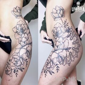 Tattoo Some flowers ;) on the leg motif: black and gray style: graphic / illustrative