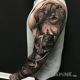 Tattoo Wolf and Leonidas on the forearm motif: faces style: realistic