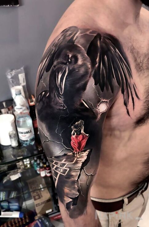 Tattoo Czerwona sukienka in 3D motif and realistic style on the upper arm