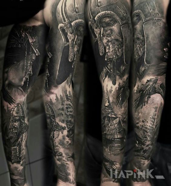 Tattoo Rycerz in faces motif and realistic style on the upper arm
