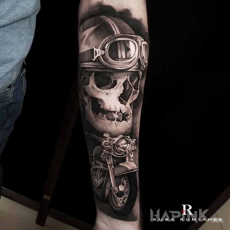 Tattoo Motocyklista in black and gray motif and realistic style on the forearm