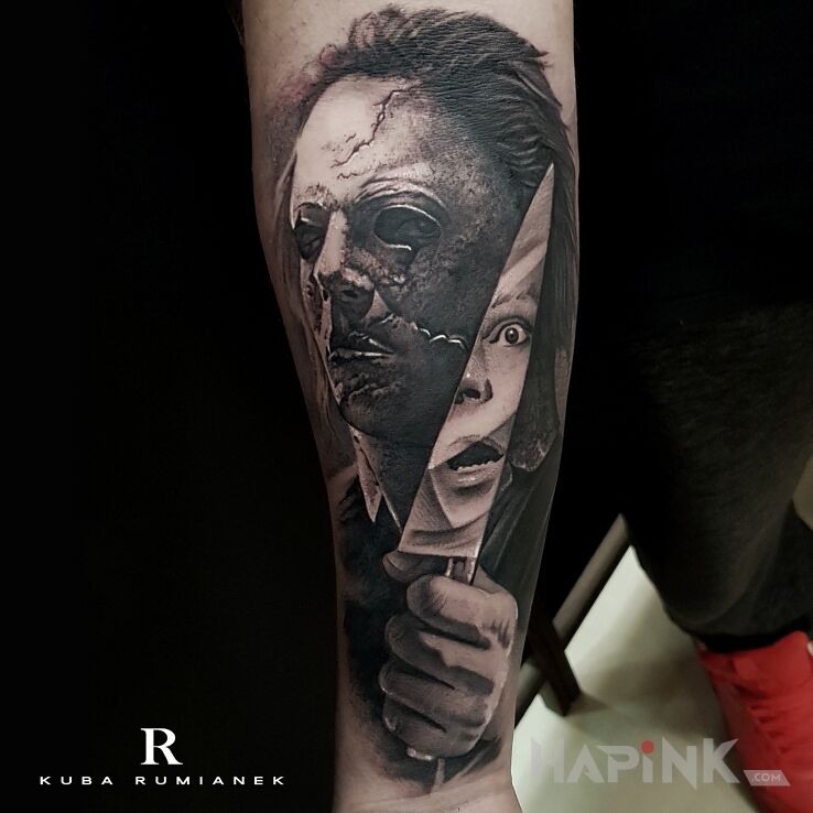 Tattoo Jason in faces motif and realistic style on the forearm