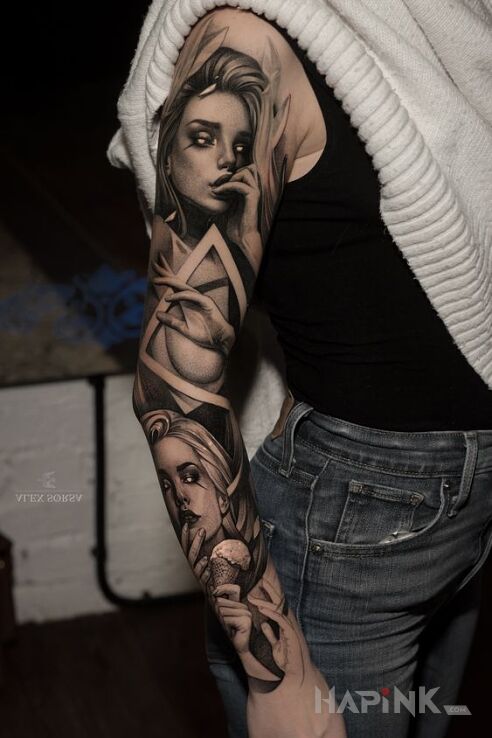 Tattoo Kobiece portrety in black and gray motif and realistic style on the forearm