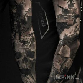 Tattoo War atmosphere on the forearm motif: 3D style: realistic