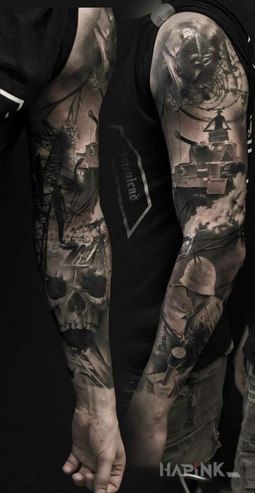 Tattoo Wojenny klimat in skulls motif and realistic style on the forearm