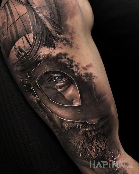 Tattoo Wiking in 3D motif and realistic style on the upper arm