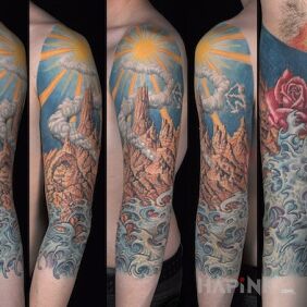 Tattoo Landscape on the forearm motif: colorful style: engravings / gravure